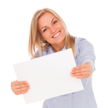 Young blond caucasian woman showing paper over white background