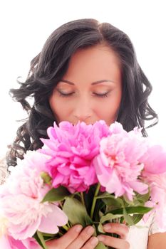 Beautiful caucasian woman with bouquet of peonies