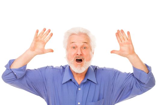Angry elderly man with beard isolated over white background
