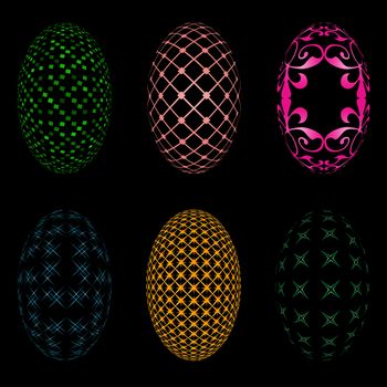 Illustration of six easter eggs on a black background