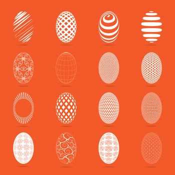 Illustration of sixteen easter eggs on a orange background