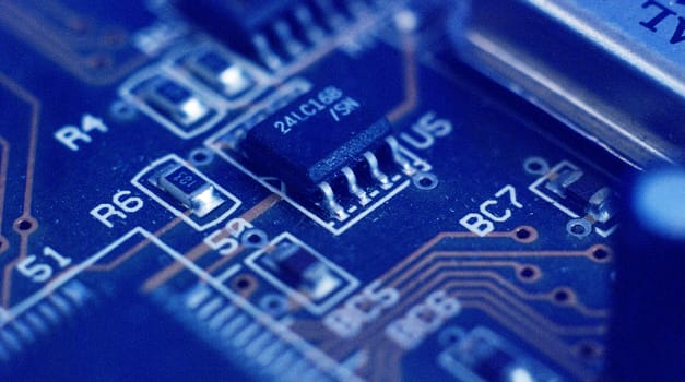 picture of a electronic, circuit, board on blue