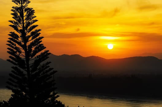 Top view sunset over mountain range at Ban Krut beach in Prachuap Khiri Khan province, Thailand