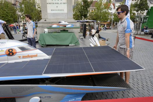 Antwerp, Belgium - August 9, 2014: The Belgian solar-powered vehicle that took part at the Antwerp exposition Solar Tour Alternative Energy for Mobility Zero Emission. On August 9, 2014. Belgium.