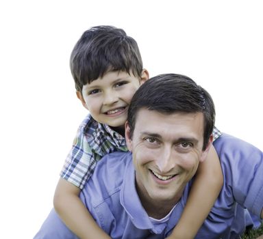 Happy Father and Son Playing Piggyback Isolated on White.