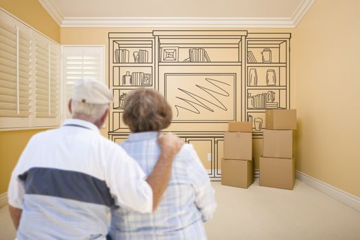 Hugging Senior Couple In Empty Room with Shelf Design Drawing on Wall.