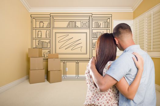 Hugging Military Couple In Empty Room with Shelf Design Drawing on Wall.