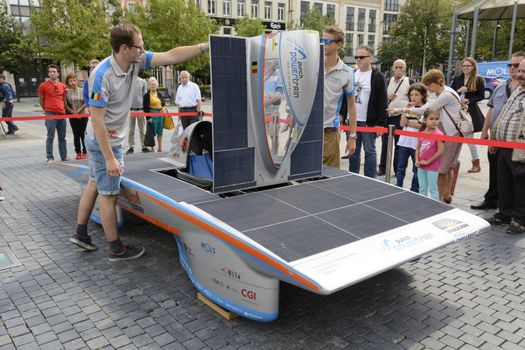 Antwerp, Belgium - August 9, 2014: The Belgian solar-powered vehicle that took part at the Antwerp exposition Solar Tour Alternative Energy for Mobility Zero Emission. On August 9, 2014. Belgium.