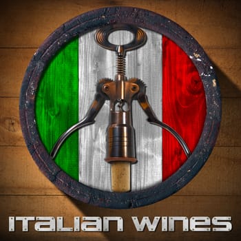 Old wooden barrel with Italian flag inside and corkscrew with cork on wooden background and metal text: Italian Wines