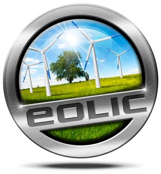 Round metallic icon or symbol with wind turbines in countryside with a tree, blue sky, clouds and sun rays. Isolated on white background