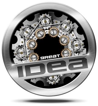 Round Metallic icon with many gears and text great idea. Isolated on white background