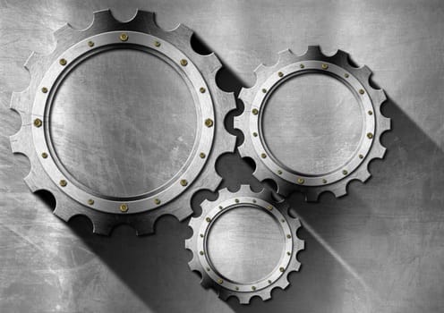 Stainless metal background with three empty metallic gears with copy space and shadows
