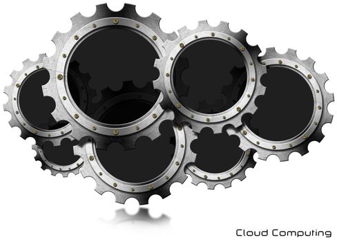 Seven metallic cogs forming a cloud isolated on white background. Concept of cloud computing