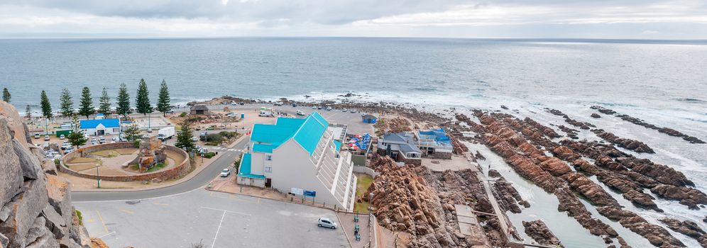 MOSSELBAY, SOUTH AFRICA - DECEMBER 31, 2014: View from the cave at Cape St. Blaize towards the hotel and swimming pool at The Point