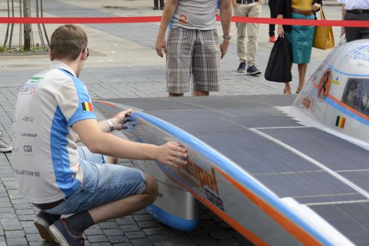 Antwerp, Belgium - August 9, 2014: The Belgian solar-powered vehicle that took part at the Antwerp exposition Solar Tour Alternative Energy for Mobility Zero Emission. On August 9, 2014. Belgium.