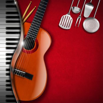 Red velvet background with kitchen utensils, acoustic guitar, piano keyboard and drum sticks. Template for food menu and a musical event
