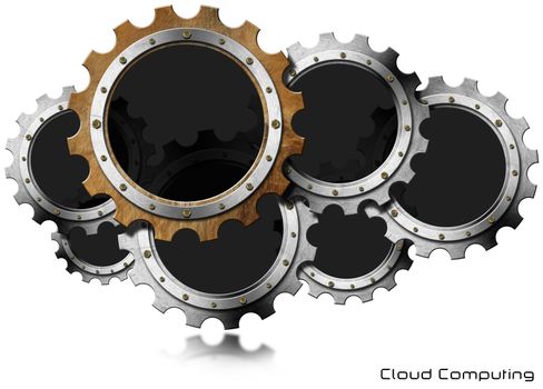 Seven metallic cogs forming a cloud isolated on white background. Concept of cloud computing