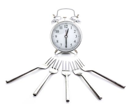 Alarm Clock - Time for Lunch With Forks on a White Background