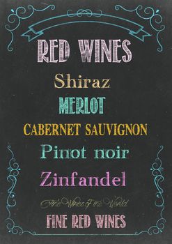 Chalkboard with "RED WINES  MENU" Hand Drawn in Chalks