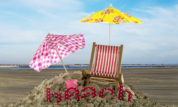 beach setting with chair umbrella and text