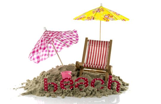 beach setting with chair umbrella and text