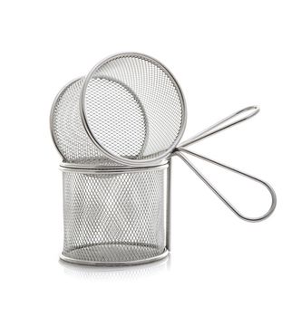 Two Empty Stainless Steel Wire Chip Baskets on a White Background