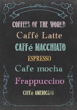Chalkboard with "COFFEES OF THE WORLD" Hand Drawn in Chalks