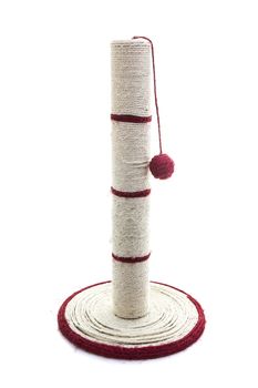 Cat scratching post with red ball and string, isolated on a white background