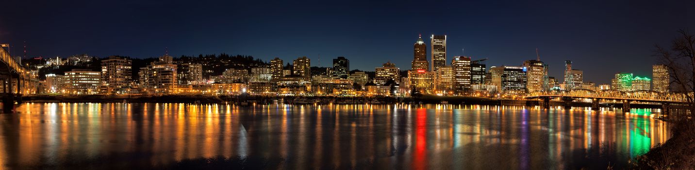Portland Oregon Downtown Waterfront City Skyline Along Willamette River Night Scene Panorama