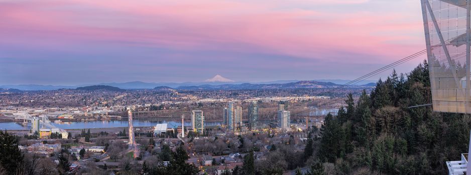 Portland Oregon South Waterfront with Ross Island Bridge Tilikum Crossing and Mount Hood during Alpenglow Sunset Panorama