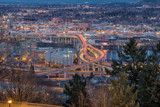 Portland Oregon Marquam Freeway Light Trails with Eastside City Lights during Evening Blue Hour