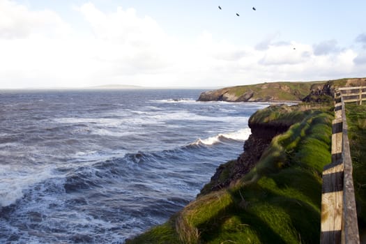 view from the fenced path along cliff edge in Ballybunion county Kerry Ireland