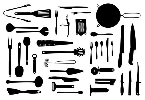 Kitchen equipment and cutlery silhouette collection isolated on white