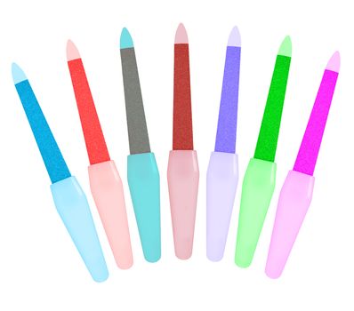 Nail files are laid out in a fan shape isolated on white background. Collage of different colors