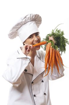 happy cook with fresh carrots on white