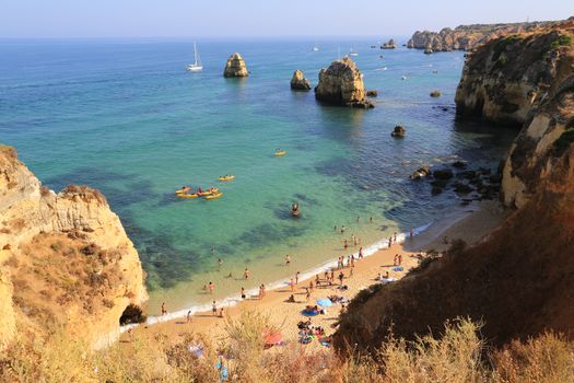 The famous rocks at the coast of Lagos in the Algarve, Portugal