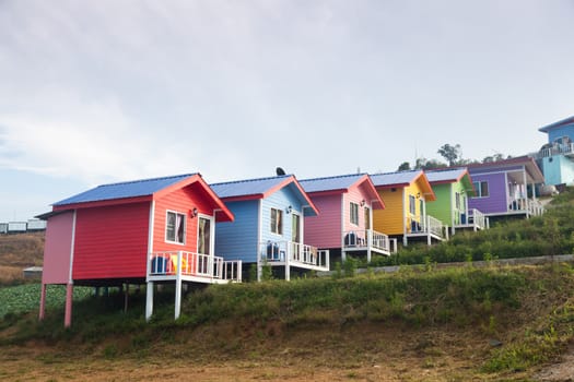 Houses a variety of colors. Built in the mountain resort during the holidays.