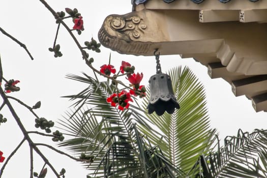 Red Bombax Ceiba Kapok Cotton Flower Guangzhou City Flower Bronze Bell Sun Yat-Sen Memorial Guangzhou City Guangdong Province China.  Sun Yat-Sen's Memorial was constructed between 1929 to 1931 and is a memorial to the person, who inspired the Chinese revolution.  Sun Yat-Sen statue was 1956.