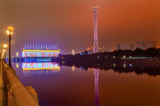 Canton Guangzhou Tower Sports Stadium from Zhujiaang New Town Pearl River Guangzhou Guangdong Province China.  