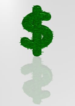 Big three-dimensional green dollar sign with reflection.