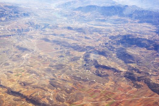 Aerial view of Spain with fields and mountains