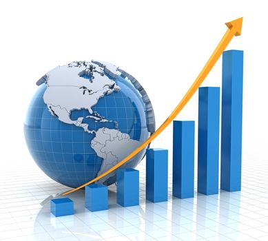 Growth chart with globe, 3d render, white background