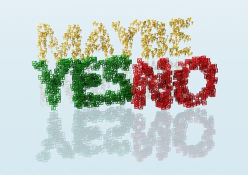 Three Dimensional word yes, no and maybe made from a set and question marks