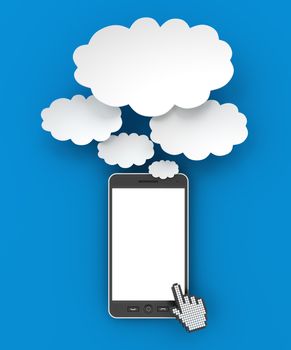 Smartphone and thought bubbles with copyspace, 3d render, blue background