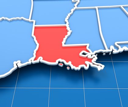 3d render of USA map with Louisiana state highlighted in red