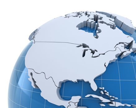 Globe, close-up on USA and Canada, 3d render