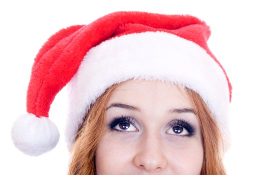 Female santa looking up over a white background.