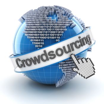 Crowdsourcing symbol with globe and cursor, 3d render, white background