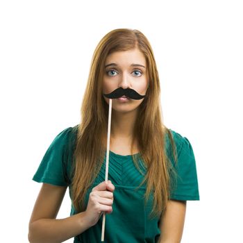 Portrait of a beautiful girl with a mustache isolated on white background