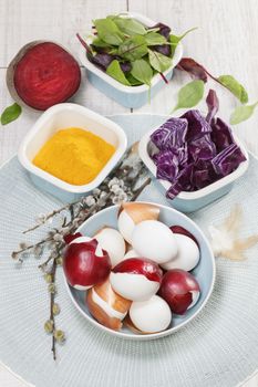Naturally dyed easter eggs with onion skins, red cabbage, beet, turmeric, spinach